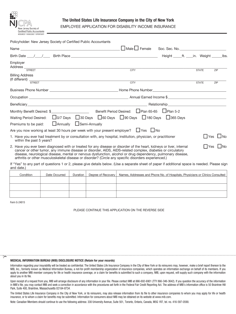 Fillable Online Employee application for DISABILITY income INSURANCE - A Prepaid Application For Individual Disability Income Insurance