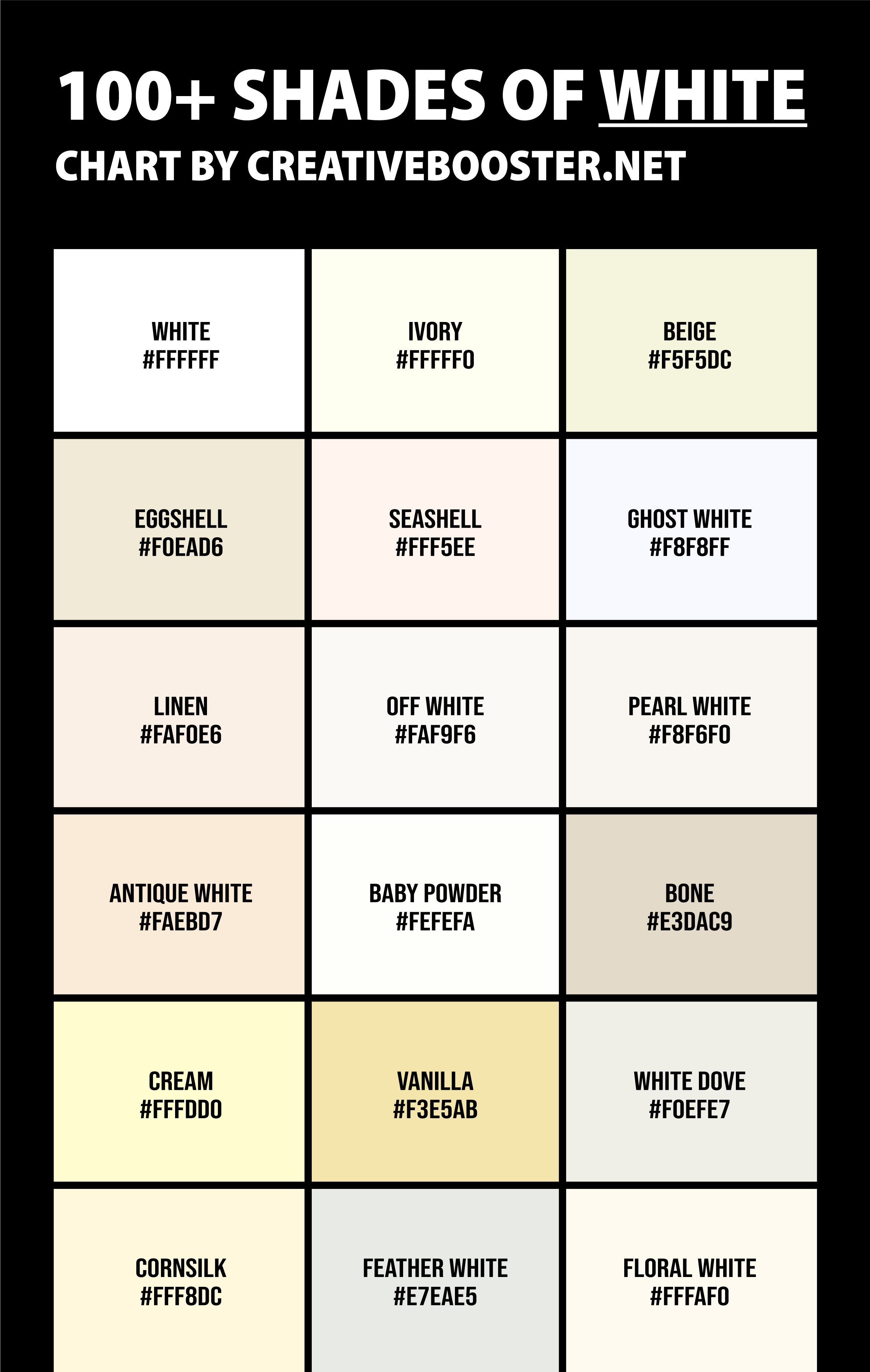 100+ Shades of White Color (Names, HEX, RGB & CMYK Codes) | Shades of - White Is To Black As Seldom Is To
