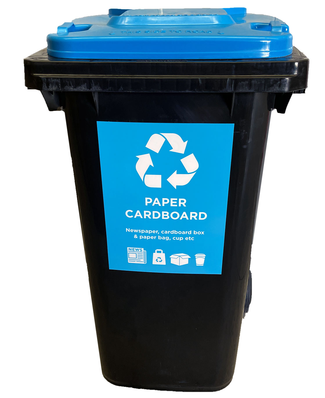 120 Litre Wheelie Bin in Black with Blue Lid with Paper Cardboard - Bin And Pallet Company - Augusta