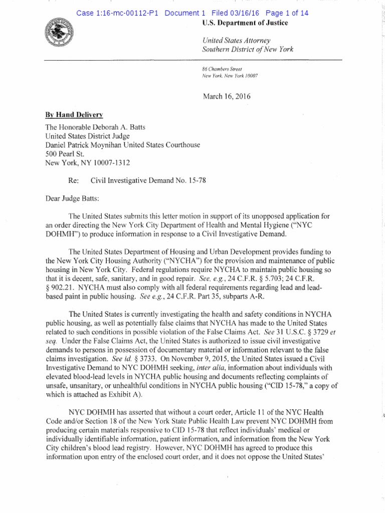 2016-03-16 US Attorney's Office - Motion To Compel NYCHA Response To - Civil Investigative Demand False Claims Act