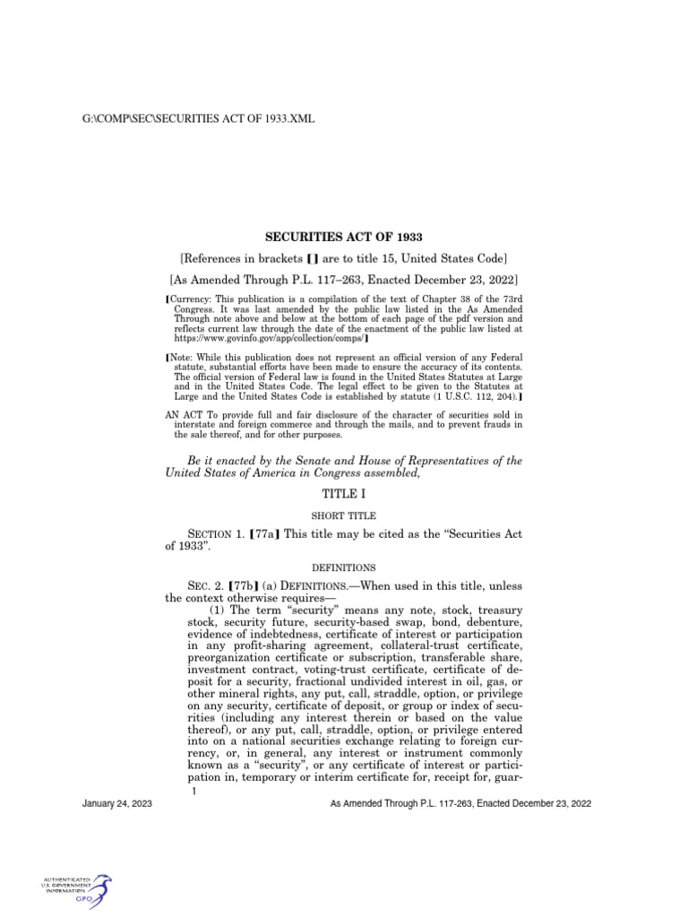 Act 1933 | PDF | Securities (Finance) | Securities Act Of 1933 - Section 17 A Of The Securities Act Of 1933