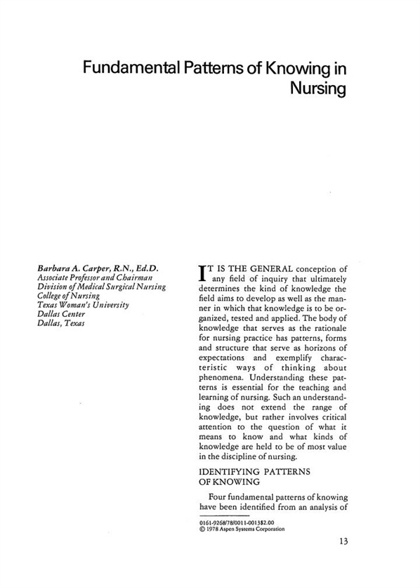 Advances in Nursing Science - Fundamental Patterns Of Knowing In Nursing