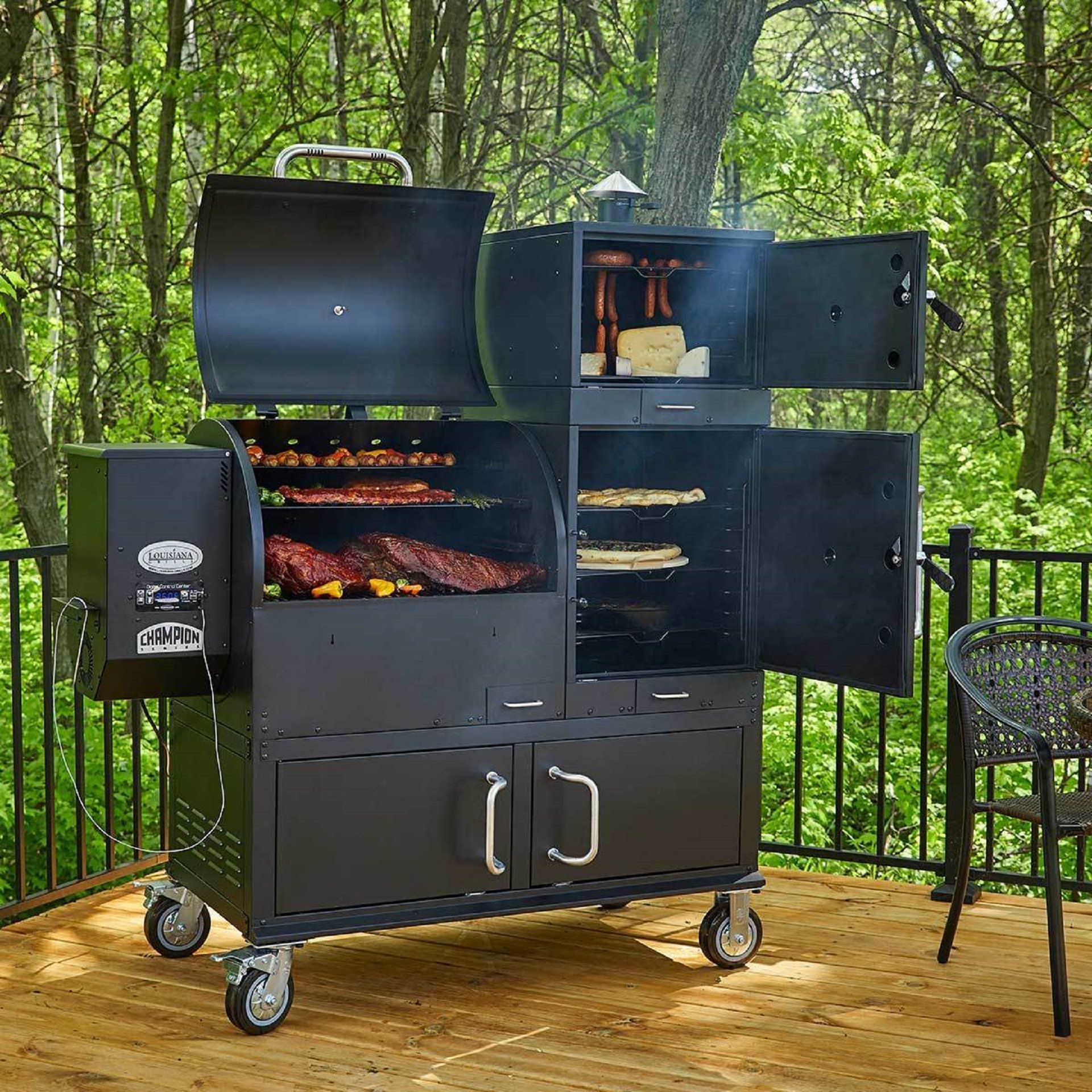 an outdoor bbq grill on a deck with trees in the backgroung - Grills For Sale On Black Friday