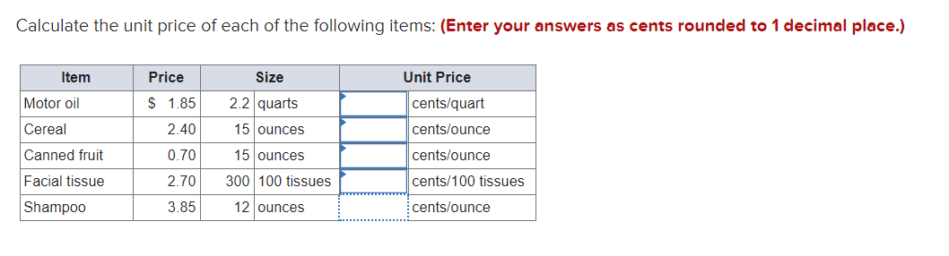 Calculate The Unit Price Of Each Of The Following Items