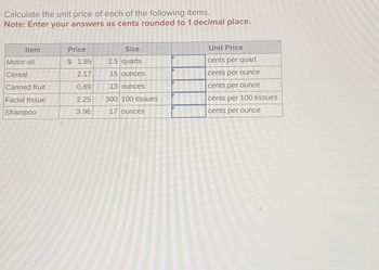 Answered: Calculate the unit price of each of the following items. Note - Calculate The Unit Price Of Each Of The Following Items