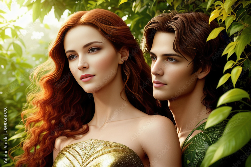 Beautiful portrait of Adam and Eve together in the Garden of Eden - Adam Johnson Bullseye American Ingenuity Fund