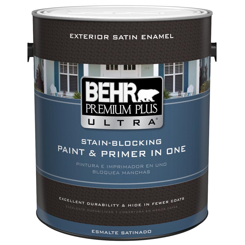 BEHR Premium Plus Ultra 1 gal. Ultra Pure white Satin Enamel Exterior - Behr Semi Transparent Stain Cordovan Brown