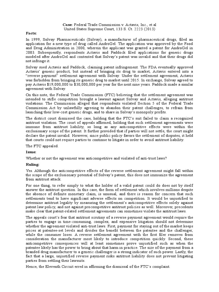 Case: Federal Trade Commission v. Actavis, Inc., Et Al Facts | PDF - Weiss Et Al V Fcti Inc Settlement