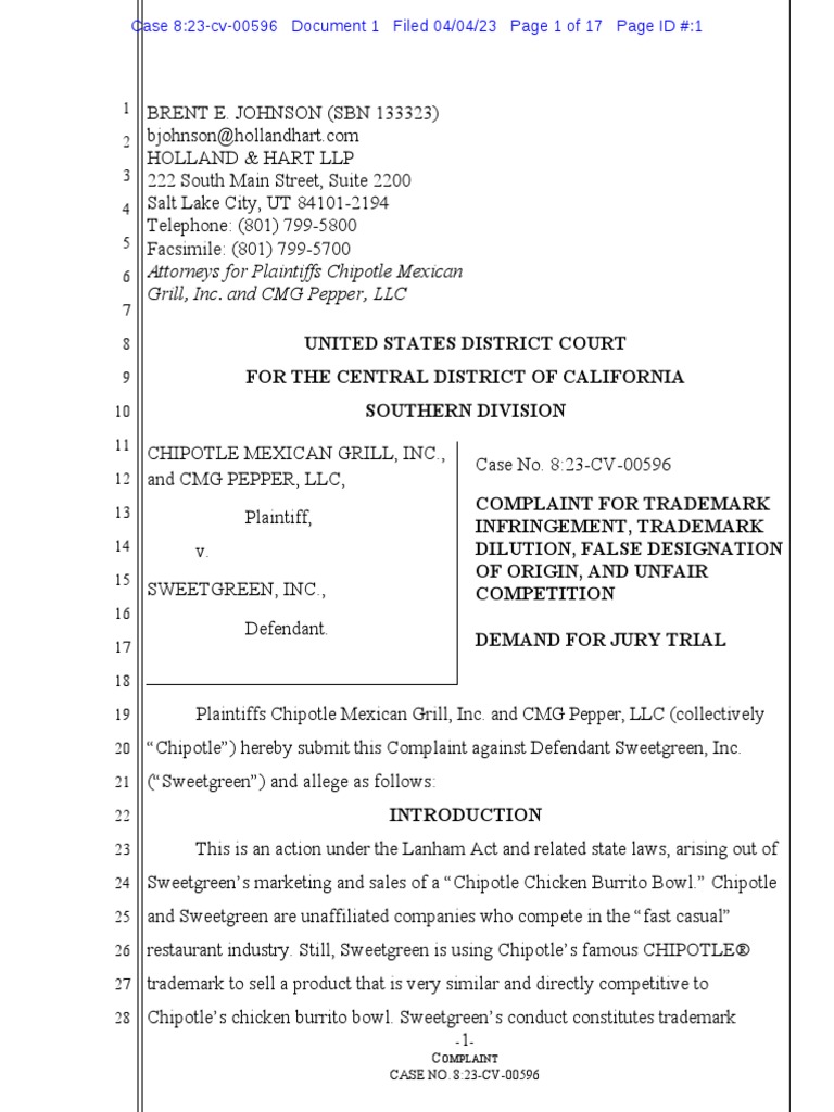 Chipotle v. Sweetgreen - Complaint | PDF | Chipotle Mexican Grill | Burrito - Bfa Law Announces Lawsuit Against Chipotle Mexican Grill.