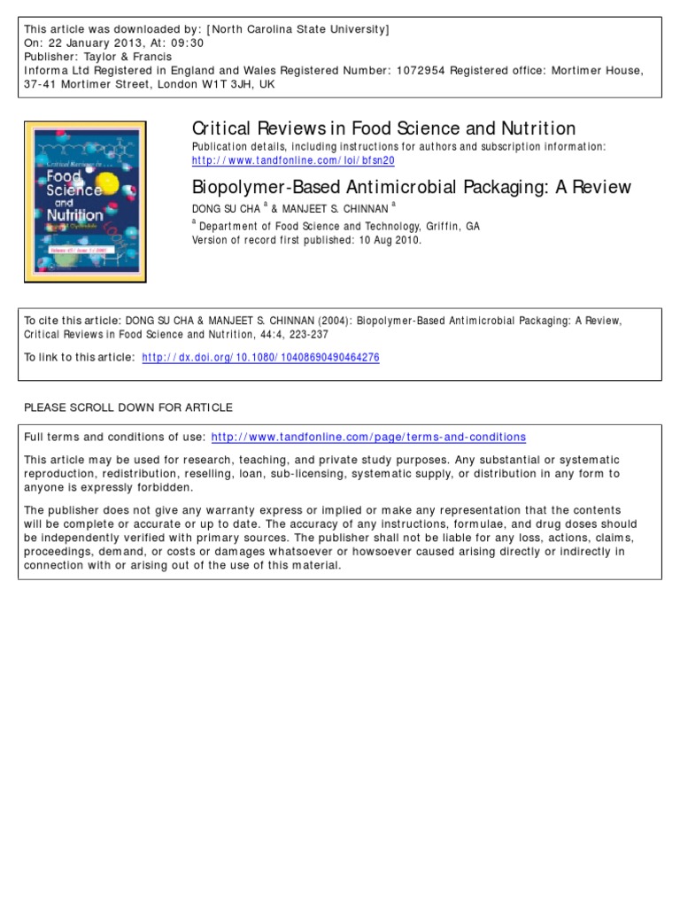 Critical Review In Food Science And Nutrition