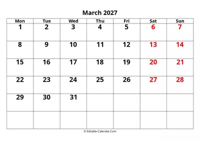 Download Editable Calendar March 2027, Monday Start - How Many Months Till March 2027