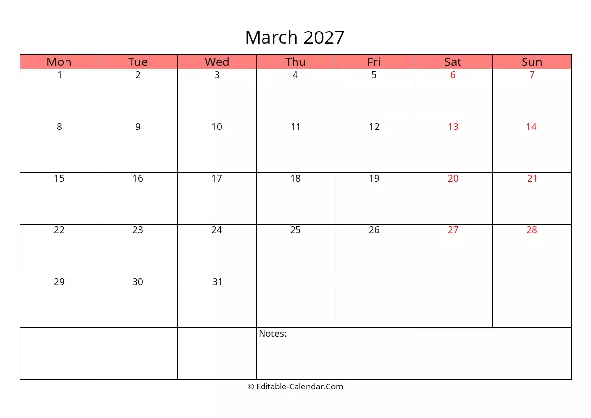 Download Editable Calendar March 2027, Monday Start - How Many Months Till March 2027