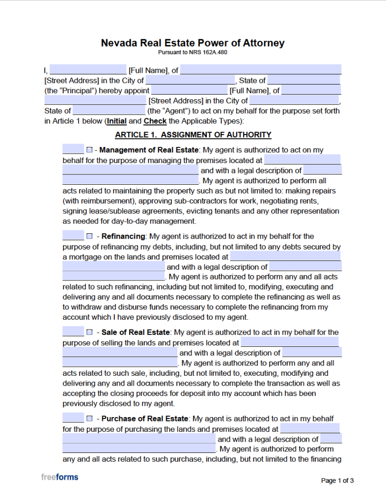 Free Nevada Power of Attorney Forms | PDF - Loi Template For Real Estate Purchase In Nevada