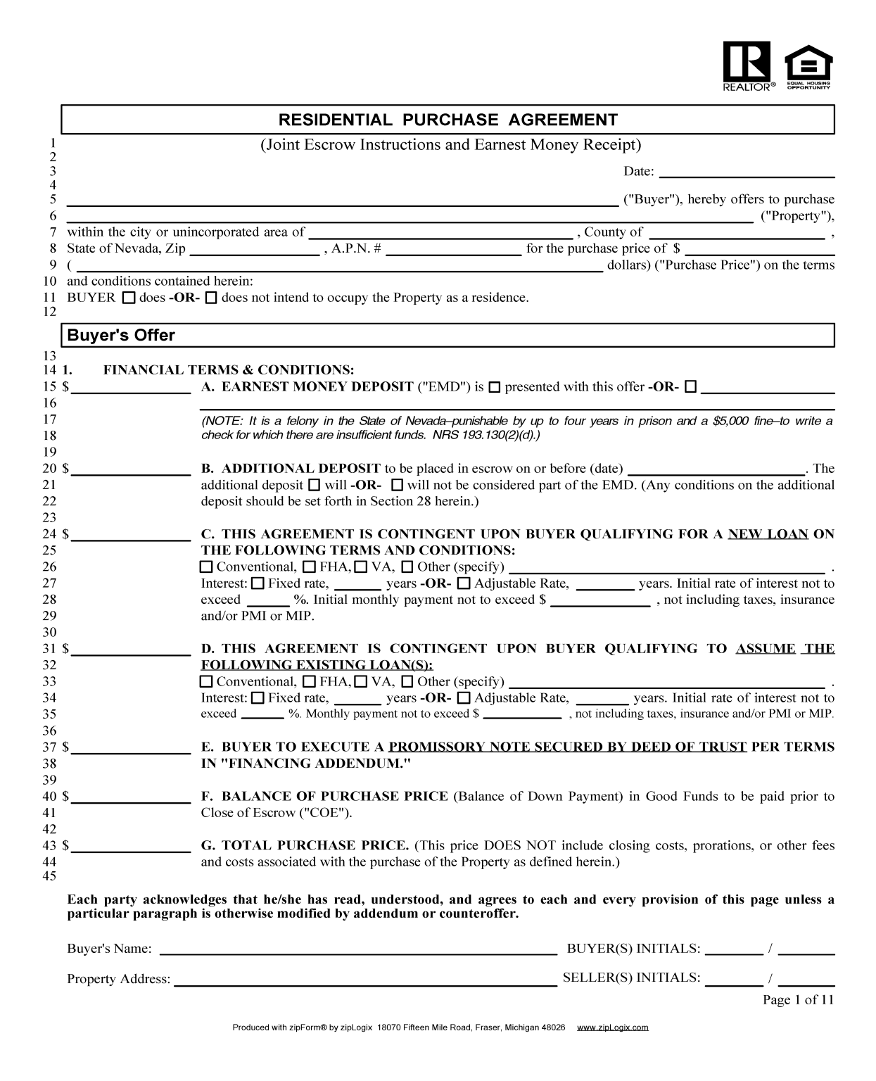 Free Nevada Residential Real Estate Purchase and Sale Agreement - Word - Loi Template For Real Estate Purchase In Nevada