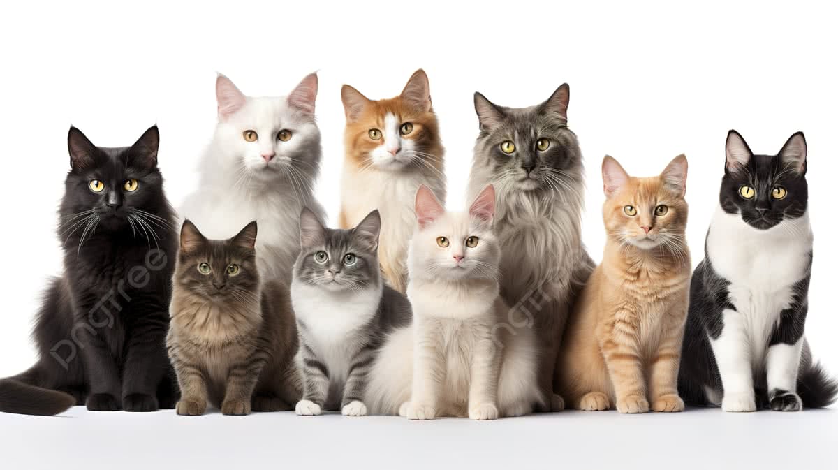 Group Of Cats Sitting On A White Background, Picture Of All Cat Breeds - Do Cats Need Wet Food Everyday