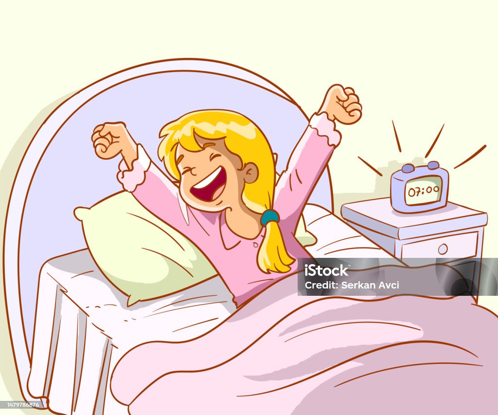 Happy Cute Little Kid Girl Wake Up Cartoon Vector Stock Illustration - What Is Wake Forest Medical School Known For