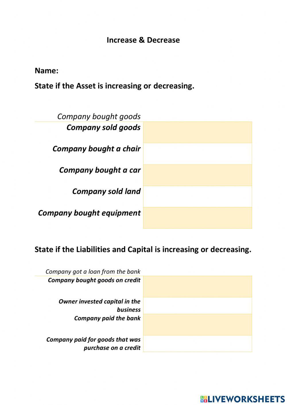 Increase - Decrease of Assets, Liabilities - Capital - Decrease Assets Increase Liabilities And Stockholders' Equity