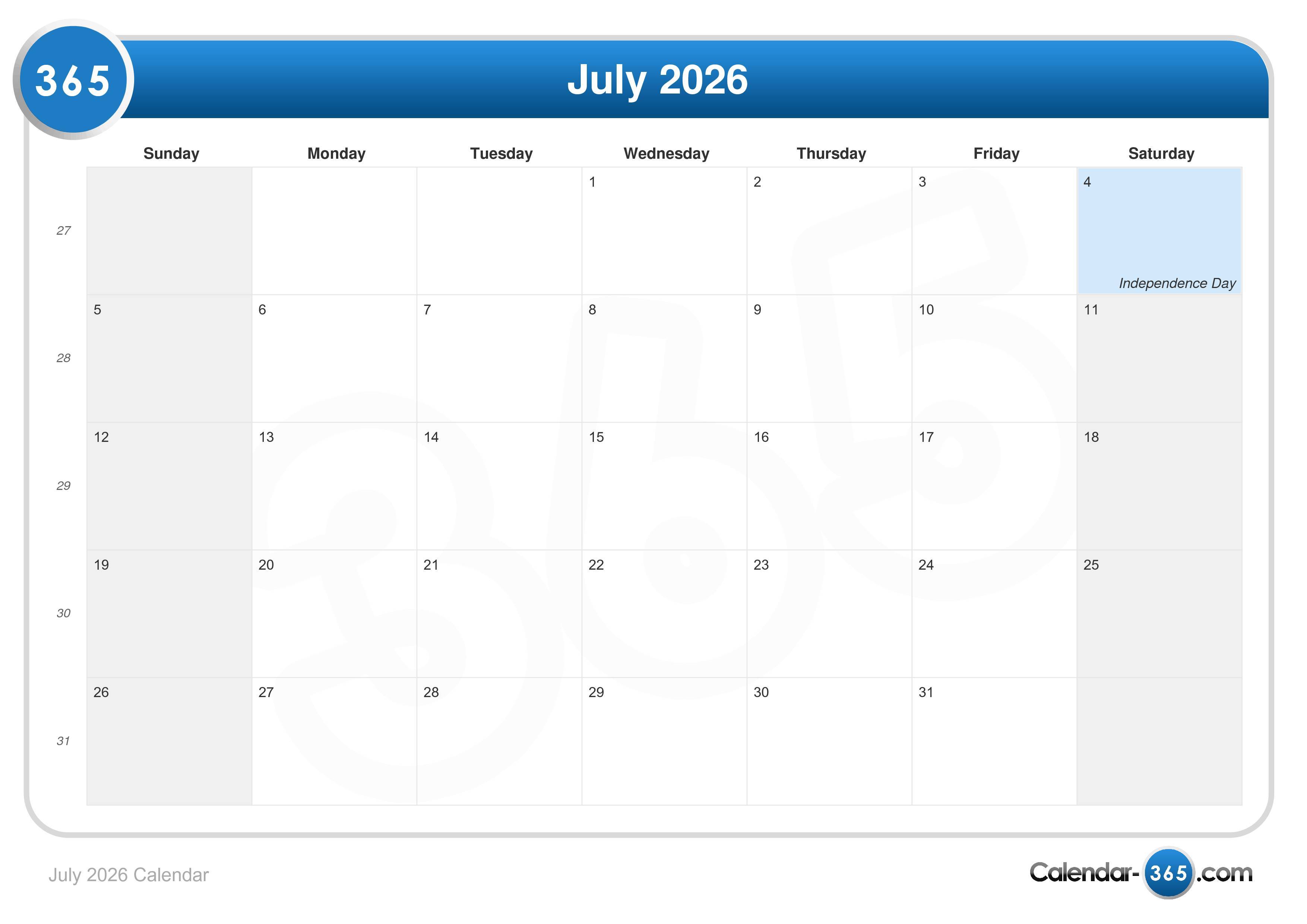 July 2026 Calendar - How Many Months Until July 2026