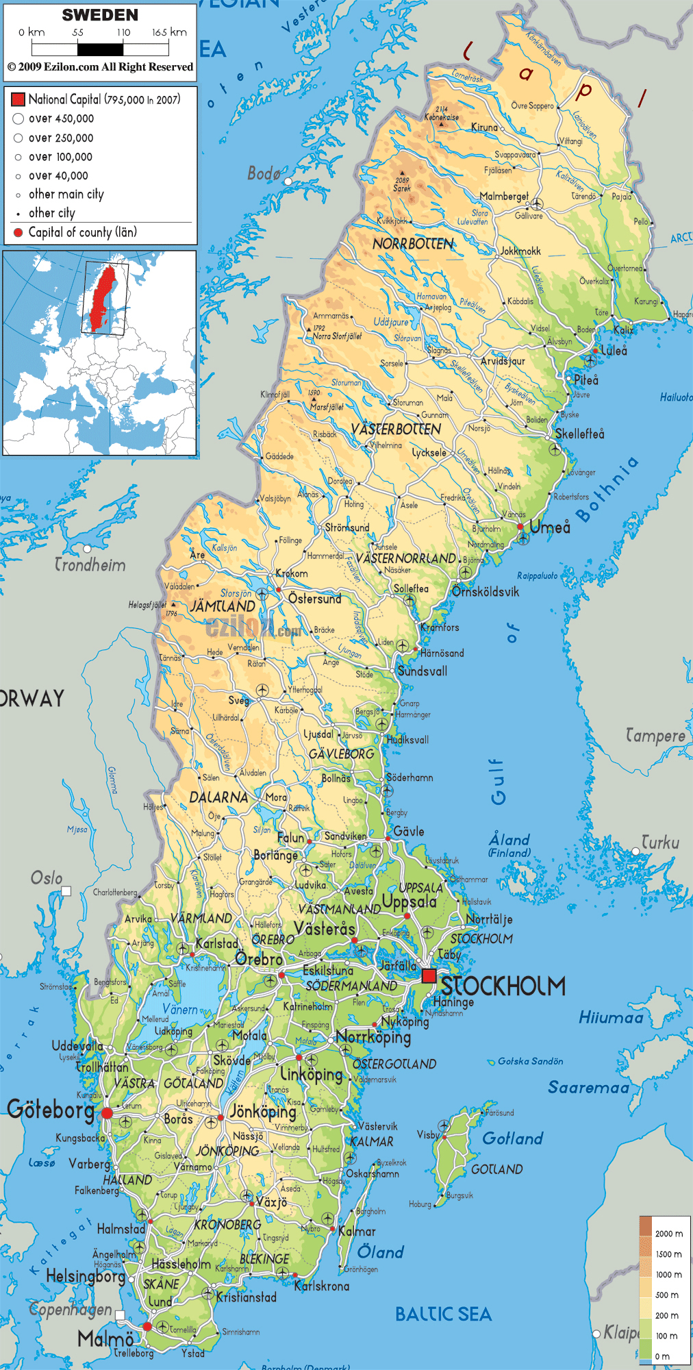 Large detailed physical map of Sweden with all roads, cities and - Sweden Size Compared To Us State