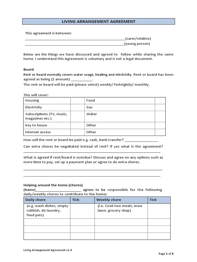 Living Arrangement Agreement Template | PDF | Caregiver - Caregiver In Exchange For Room And Board Agreement