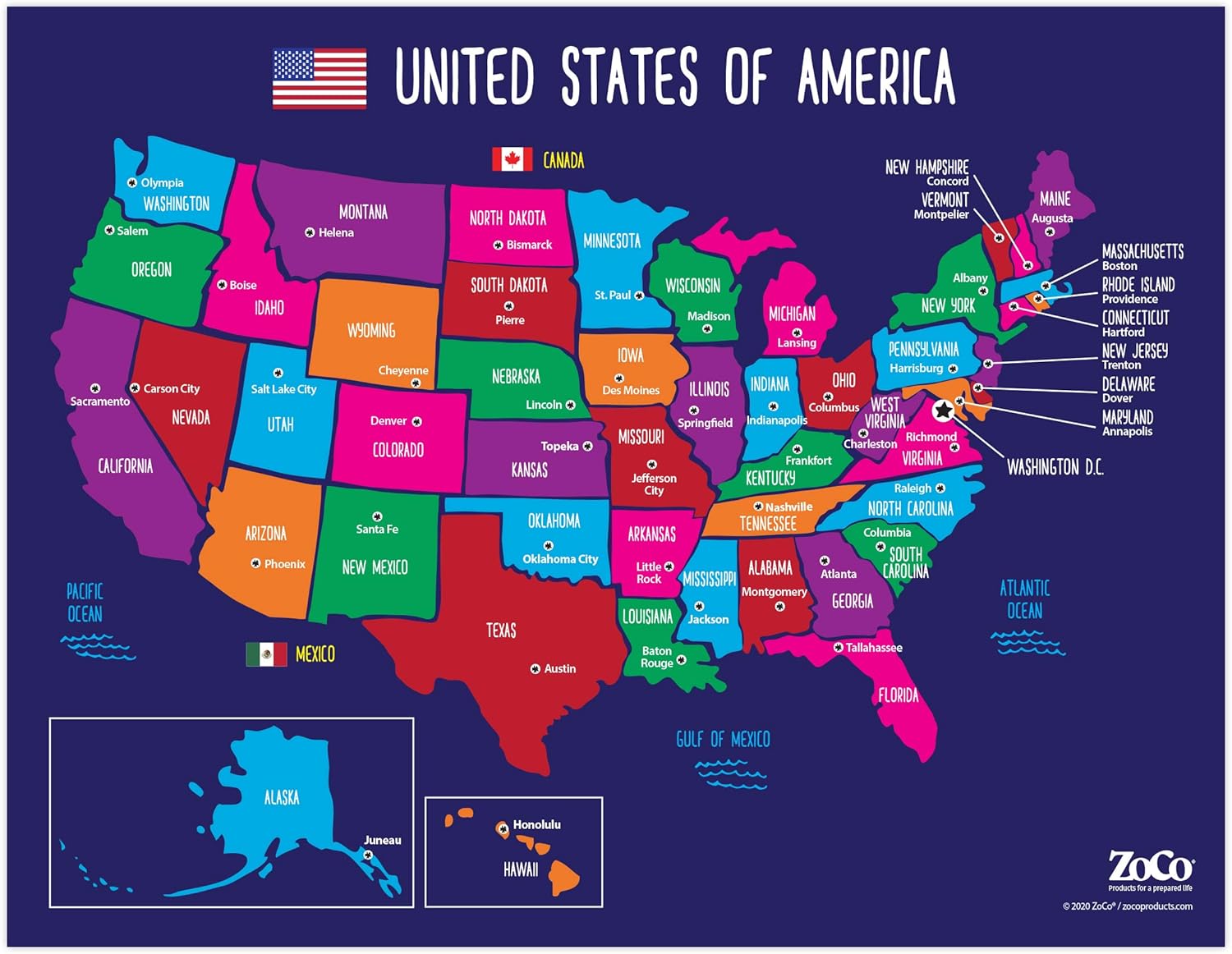 Map of USA States and Capitals - Colorful US Map with Capitals - America First Choice 100 Health Insurance Reviews