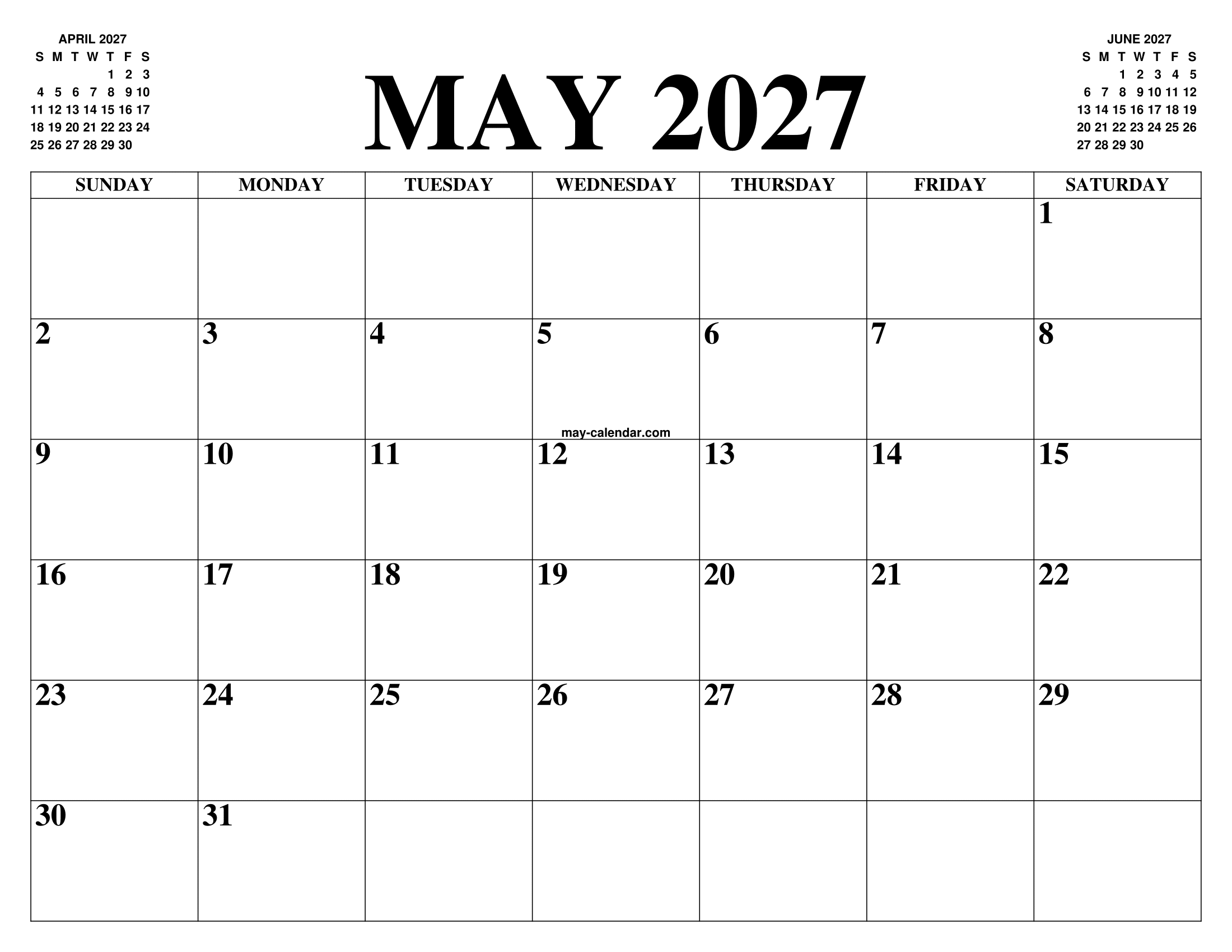MAY 2027 CALENDAR OF THE MONTH: FREE PRINTABLE MAY CALENDAR OF THE YEAR - How Many Months Until May 2027