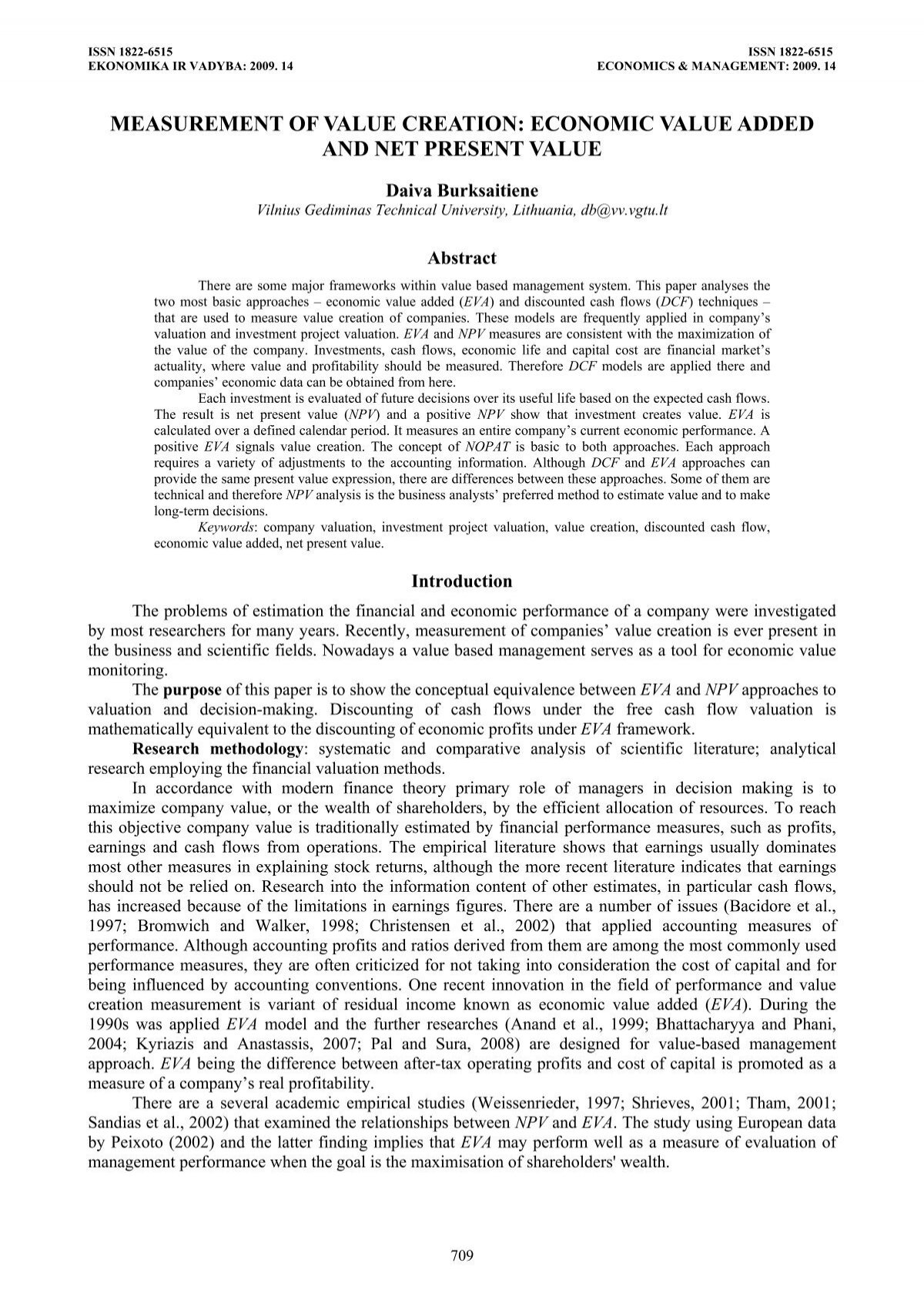 measurement of value creation: economic value added and net - Economic Value Creation Is Best Expressed As