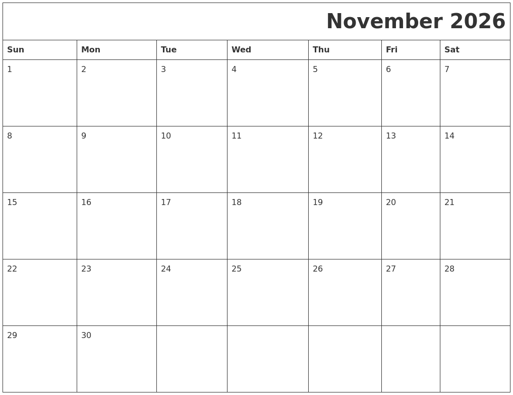 November 2026 Printable Calender - How Many Months Until Nov 2026