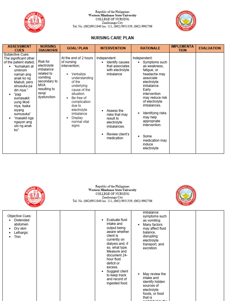 Nursing Care Plan Risk For Electrolyte Imbalance | PDF | Nursing - Fluid Electrolyte Imbalance Nursing Care Plan