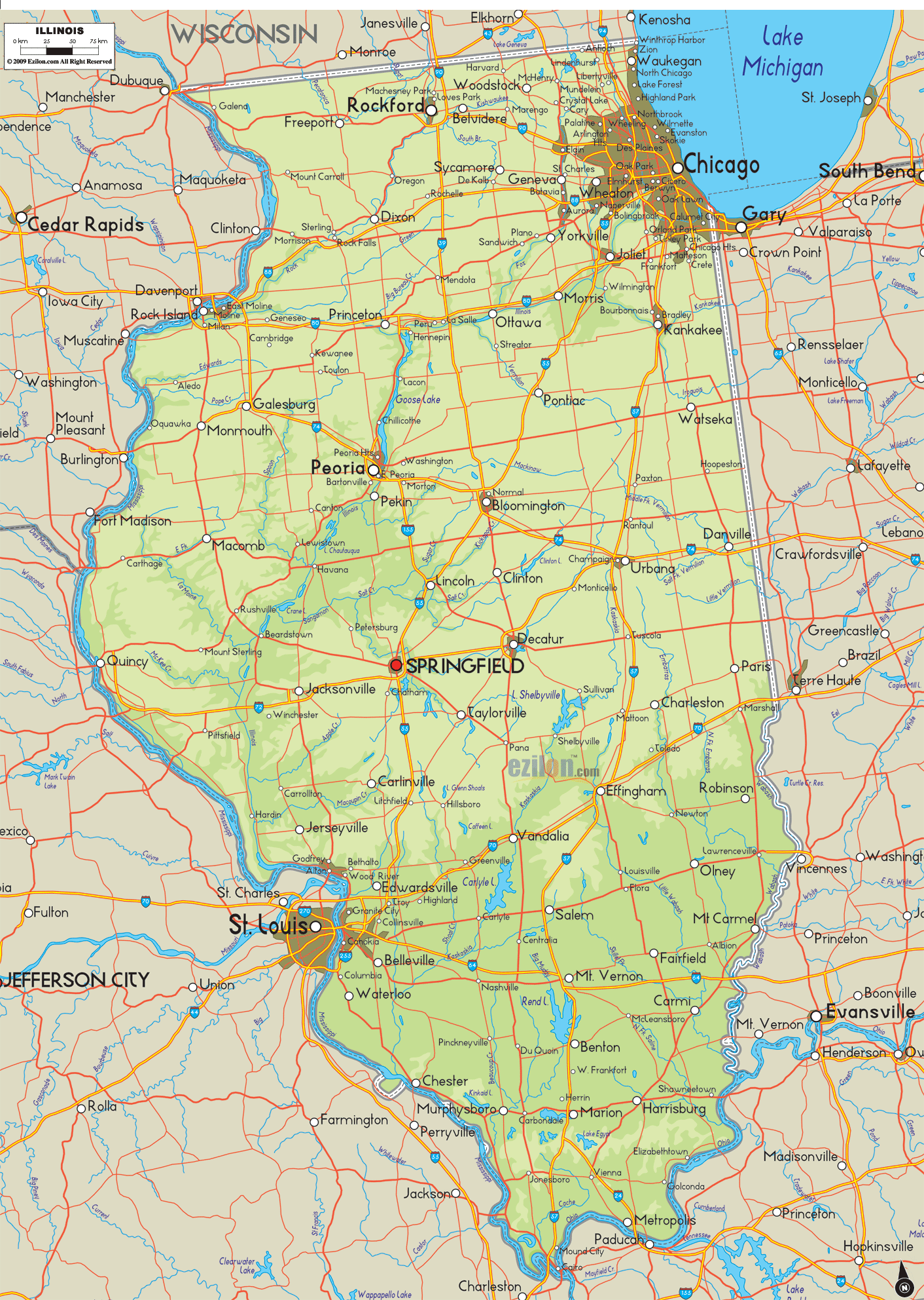 Physical Map of Illinois - Ezilon Maps - Illinois Bank & Trust Galena Il