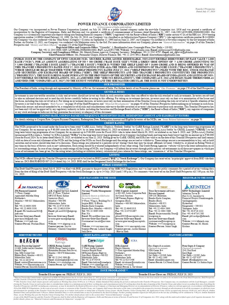 Power Finance Corporation Limited - Tranche Prospectus - 17 July 2023 - Competitive Power Ventures Financial Transactions Press Releases