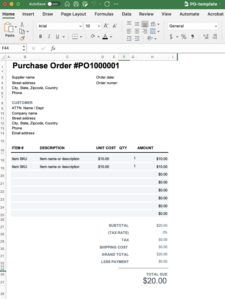 Purchase Order Template - Purchase New Direction Weight Loss Products