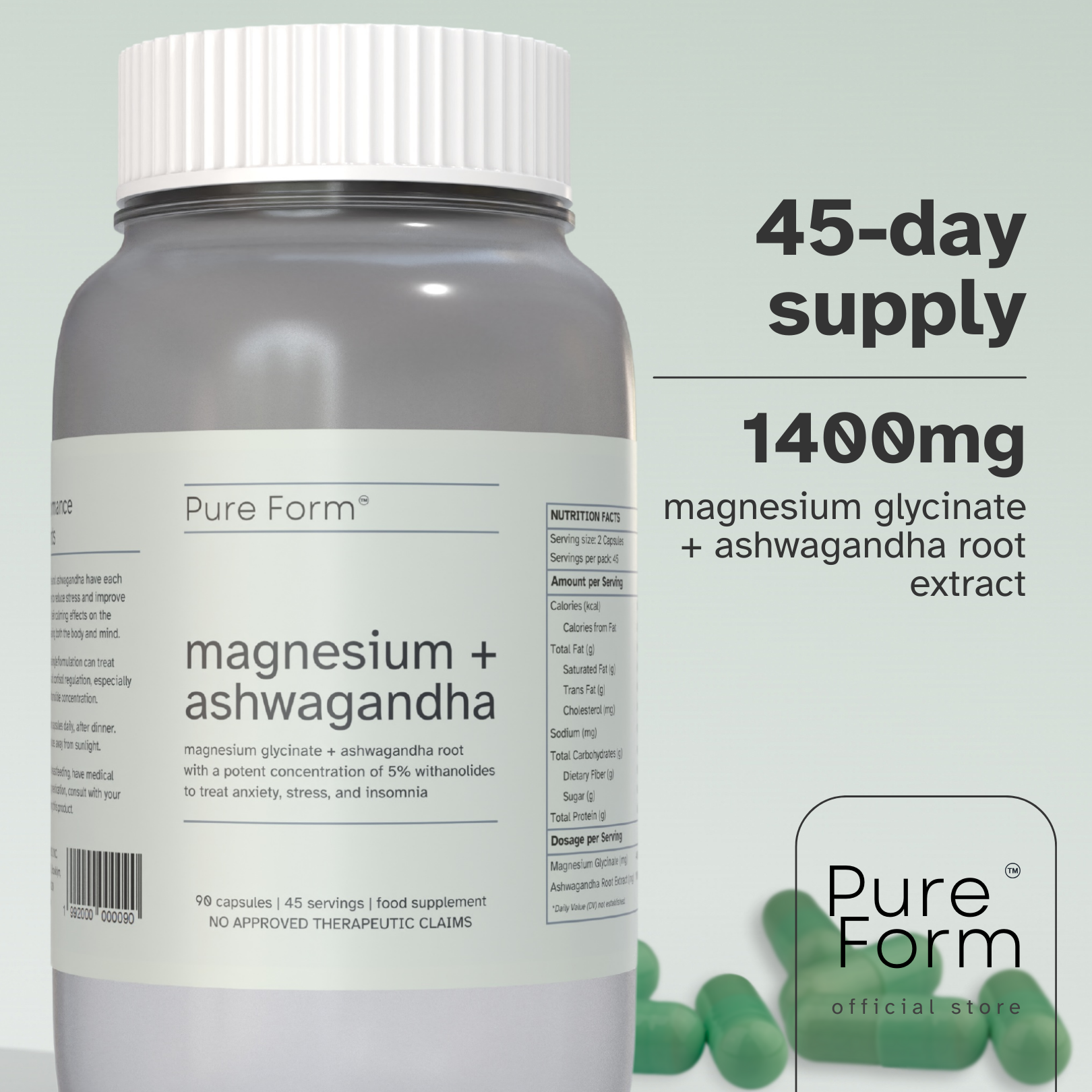 Pure Form Magnesium + Ashwagandha | Quality Sleep & Anxiety Relief - Native Balance Magnesium Complex With Ashwagandha