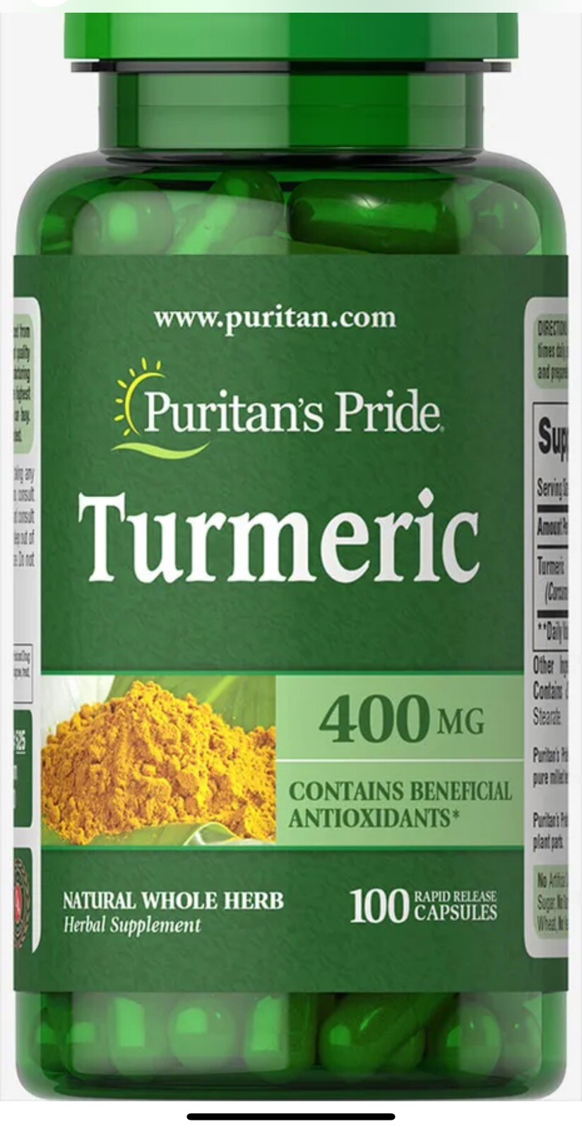 Puritan's Pride Turmeric 400mg Capsules, Antioxidant Herbal Supplement - Puritan's Pride Turmeric 800 Mg-200 Capsules