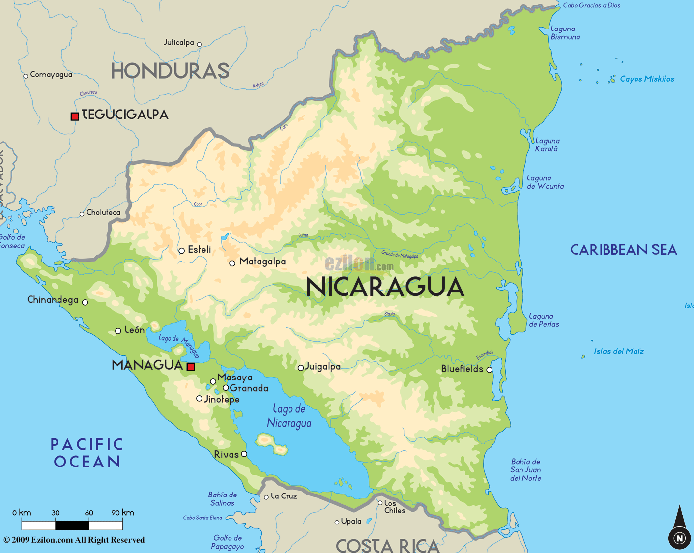 Road Map of Nicaragua and Nicaragua Road Maps - Nicaragua Is Approximately The Size Of What American State