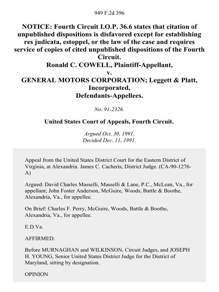 Ronald C. Cowell v. General Motors Corporation Leggett & Platt - Rockwell Legal Group Class Action Lawsuit