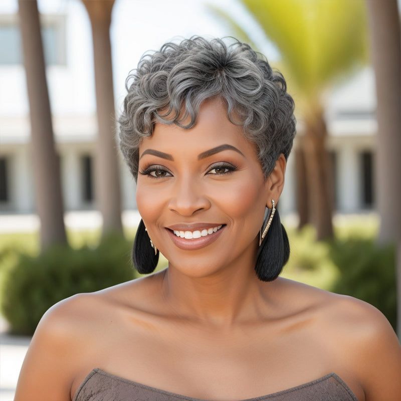 Salt & Pepper Edgy Pixie Cuts Wig With Natural Wave Bangs Glueless - Edgy Salt And Pepper Pixie Cut
