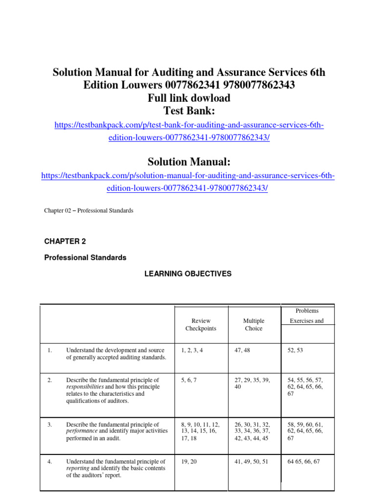Solution Manual For Auditing and Assurance Services 6th Edition Louwers - Auditing & Assurance Services: A Systematic Approach Pdf