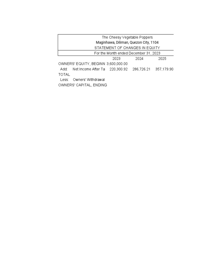 Statement Of Changes In Stockholders Equity