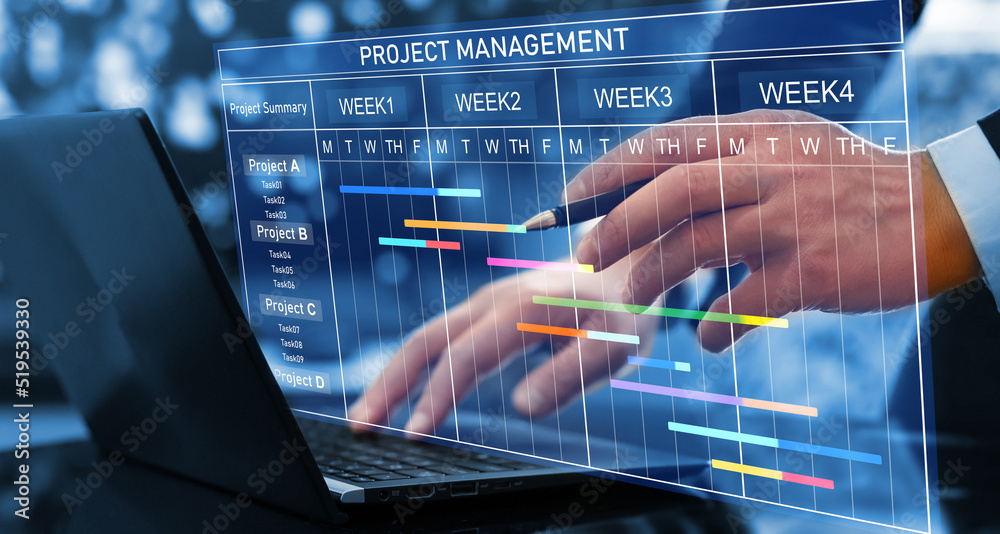 Stockfoto Project manager working on laptop and updating tasks and - Project Selection Criteria Are Typically Classified As