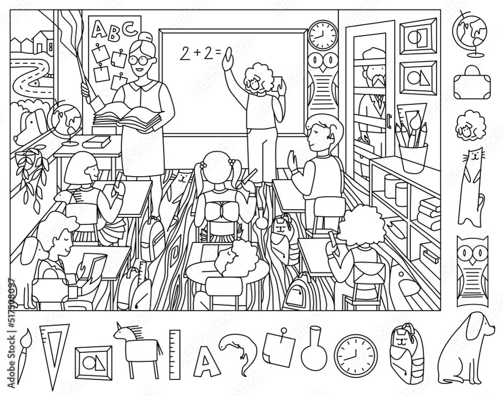 Teacher with children in class. Find and color hidden objects in the - Hidden Lakes Senior Living Community Photos