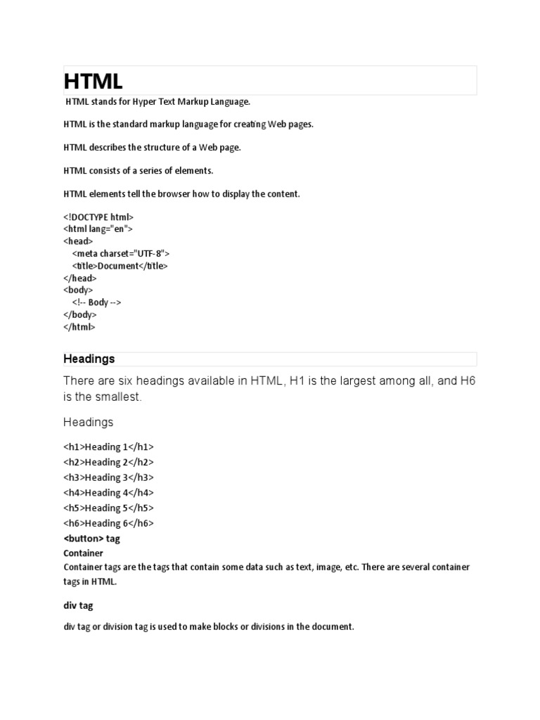 There Are Six Headings Available in HTML, H1 Is The Largest Among All - Choose The Correct Html Tag For The Largest Heading