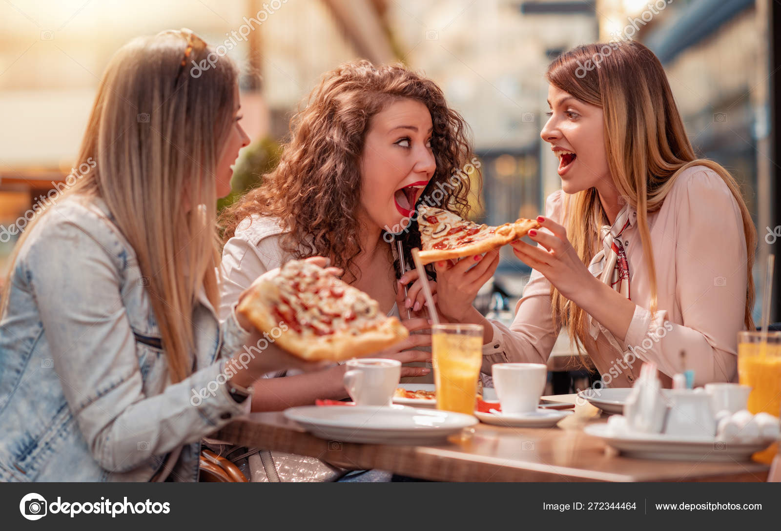 Three Cheerful Girls Eating Pizza Outdoor Restaurant People Food Drink - Does Eating Ice Help Weight Loss