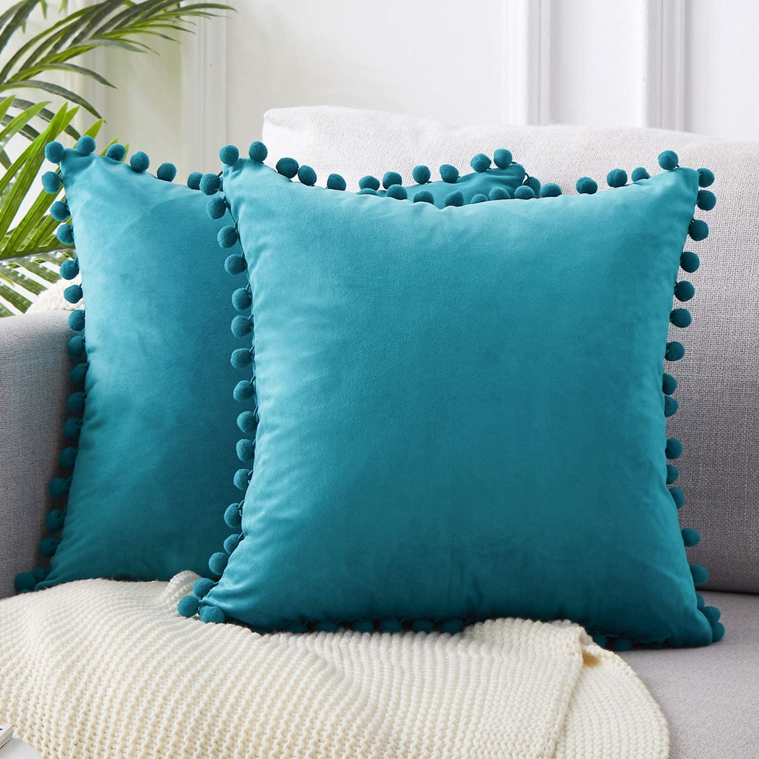 Topfinel Solid Decorative Throw Pillow Covers with Pom Poms Square Soft - Pillow For Sleeping On Back After Surgery