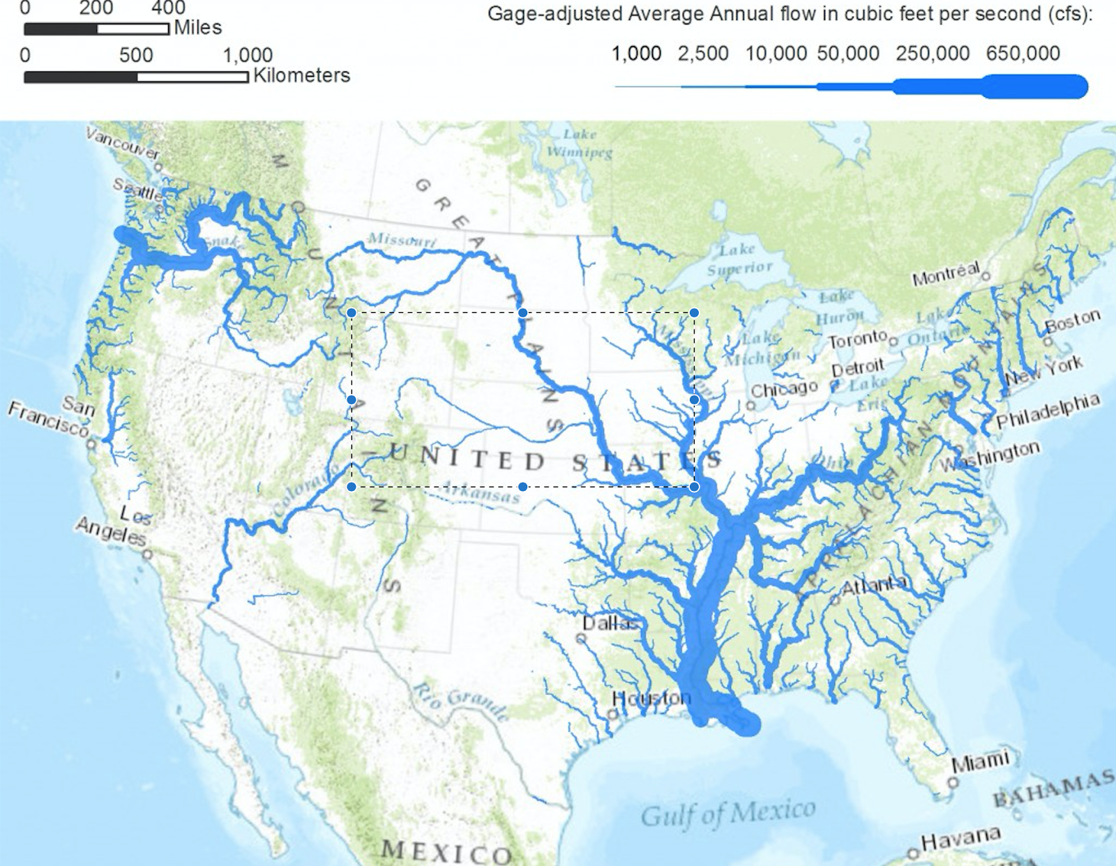 United States rivers drawn to show average annual flow Geography Map - Largest Rivers In Us By Volume