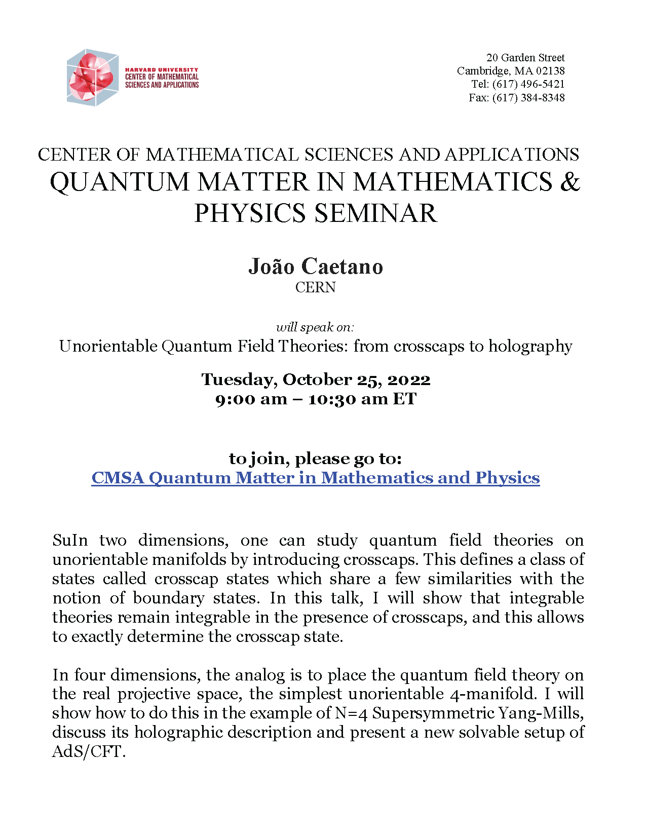 Unorientable Quantum Field Theories: From crosscaps to holography - CMSA - Microcloud Hologram Wasserstein Distance Quantum Theory