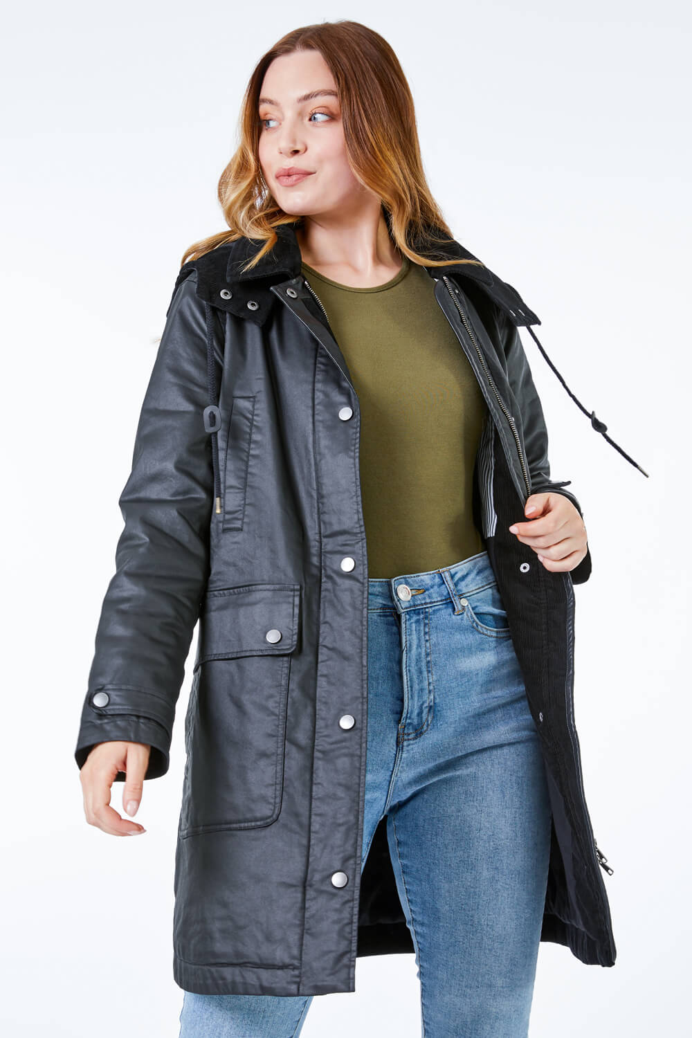 Waxed Longline Hooded Coat in Black - Roman Originals UK - Coats And Clark Thread Near Me