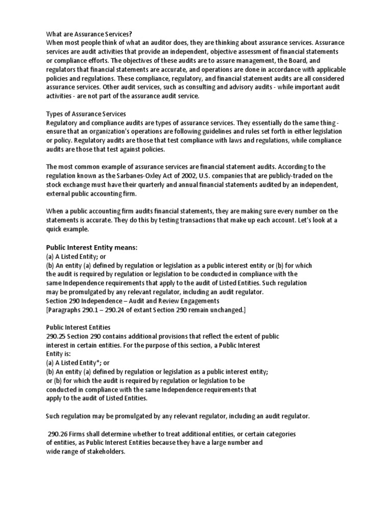 What Are Assurance Services | PDF | Regulatory Compliance | Audit - Assurance Services Involve All Of The Following Except